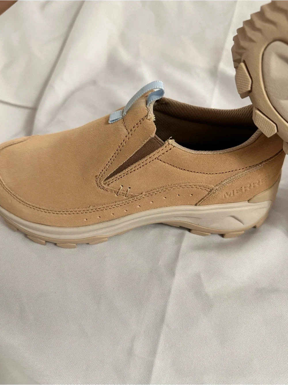 Merrell Women's Slip-On Sneakers in Tan with Light Blue Pull Tabs